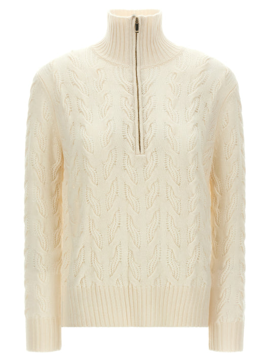Cardigan by Max Mara for women in cashmere wool gold, ivory & white features a nuanced silhouette with a refined high-neck neckline and nuanced detailing for a sophisticated look.