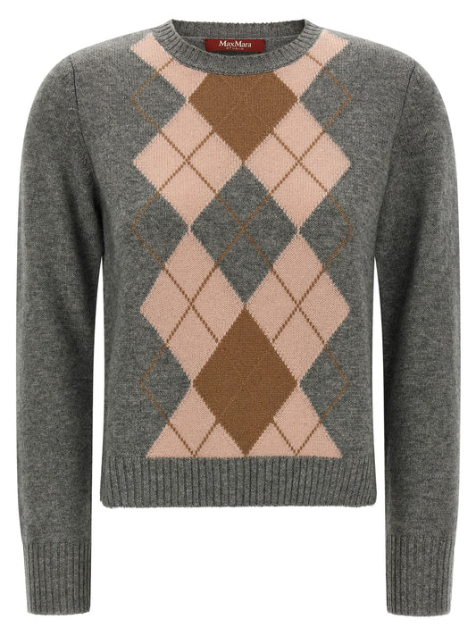 Cardigan by Max Mara for women in cashmere gray & argyle features a dramatic silhouette, showcasing a sophisticated round neckline and dramatic detail for a timeless, premium look.