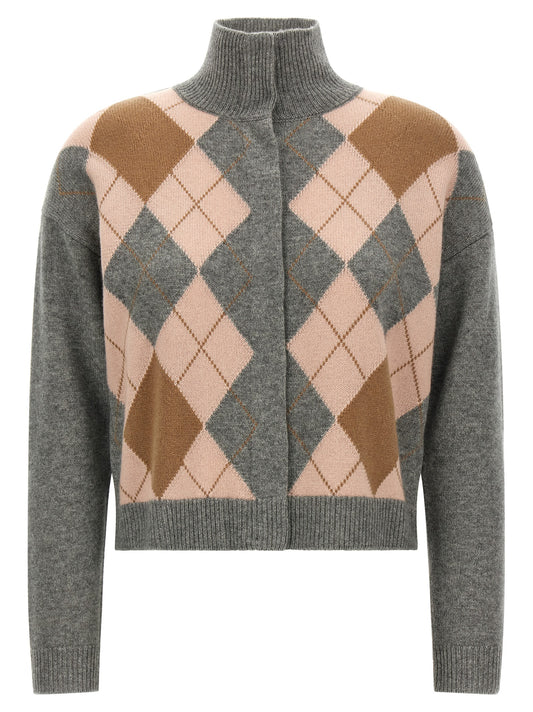 Cardigan by Max Mara for women in cashmere gray, patterned & argyle features a dramatic silhouette, showcasing a sophisticated high-neck neckline and dramatic detail for a timeless, premium look.