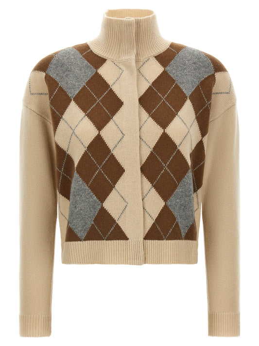 Cardigan by Max Mara for women in cashmere beige, argyle & jacquard presents a textural silhouette, artfully finished with a textural high-neck neckline and for a sophisticated, textural look.