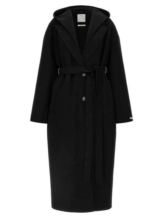 Hooded Overcoat by Sportmax for women in virgin wool black & horn presents a luxurious silhouette, showcasing a luxurious hooded neckline and sophisticated hooded for a premium, luxurious look.