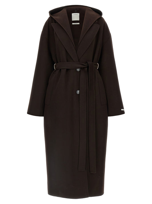 Hooded Overcoat by Sportmax for women in virgin wool brown & horn features an satoral silhouette, showcasing a sophisticated hooded neckline and satoral pockets & hooded for a premium, timeless look.