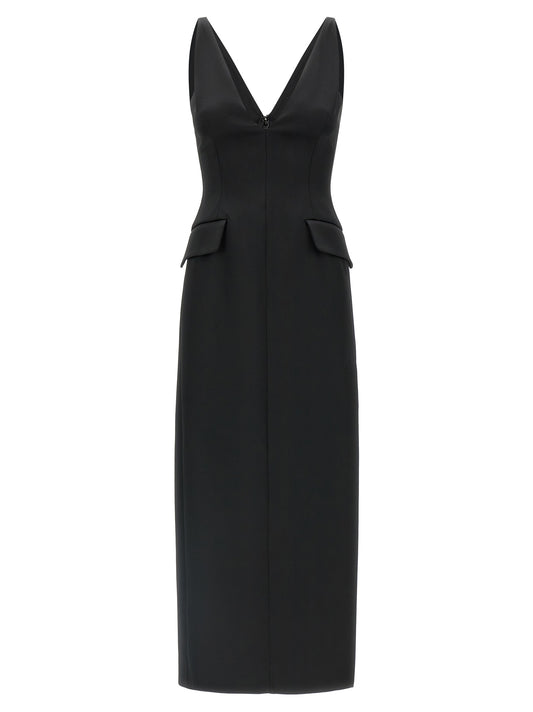 Dress by Sportmax for women in polyamide black features an eye catching silhouette with a sophisticated v-neck neckline, elegant , and a refined midi for a eye catching aesthetic.