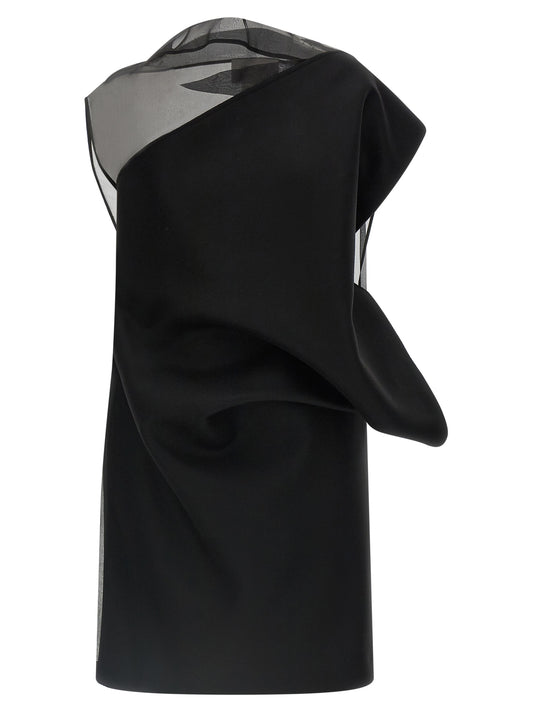 Dress by Sportmax for women in wool & silk black features a dramatic silhouette, showcasing an elegant and that flows into a dramatic short mini.