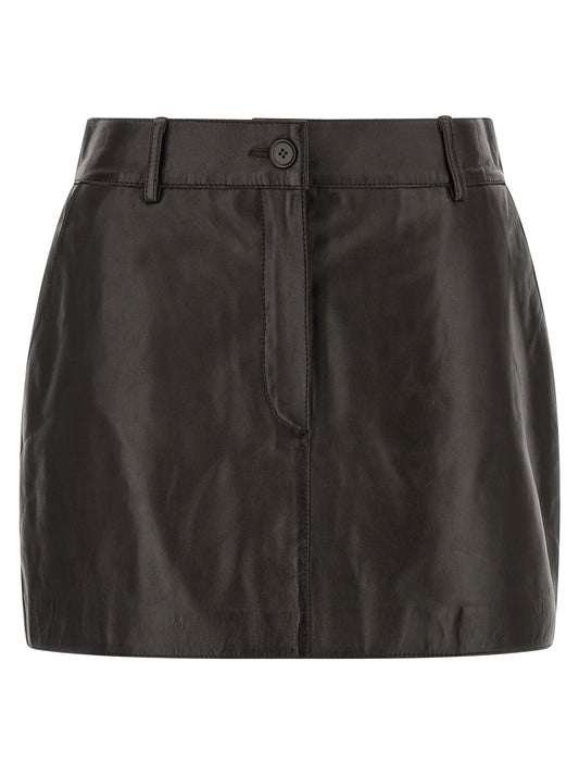 Skirt by P.A.R.O.S.H. for women in lambskin leather brown features a contoured silhouette from the Women's Lambskin Leather Mini Long Skirt collection, characterized by its contoured mini long for a contoured finish.