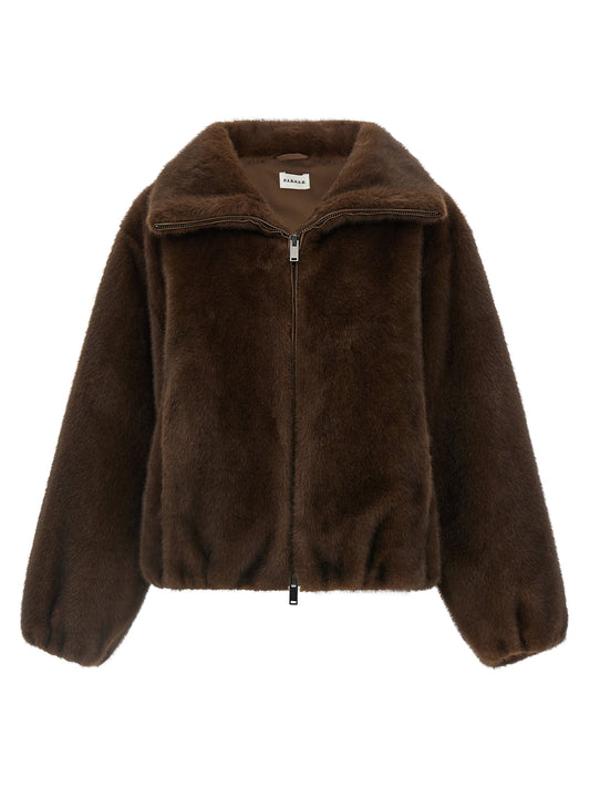 Bomber Jacket by P.A.R.O.S.H. for women in plush polyester faux fur brown & silver features a city-ready silhouette, detailed with and a city-ready turtle neckline.