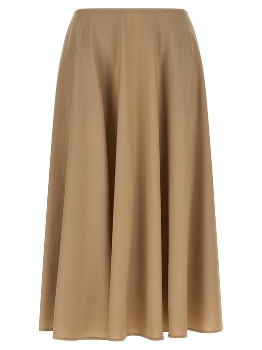 Skirt by Moschino for women in virgin wool beige & camel features a contoured silhouette from the Grace Women's Flared Virgin Wool Midi Skirt collection, characterized by its contoured midi for a contoured finish.