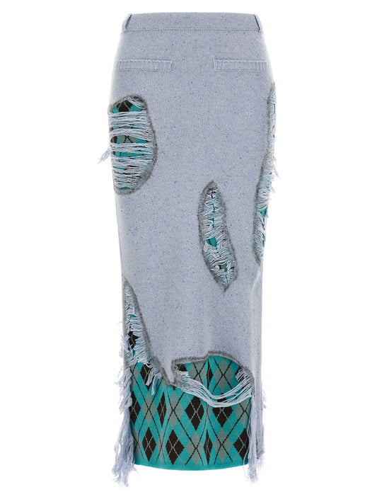 Skirt by Moschino for women in polyamide embossed leather silk & wool light-blue, argyle & signature features an tailored silhouette, artfully capturing the essence of Women's Straight Polyamide Embossed Leather Silk & Wool Midi Skirt in a sophisticated midi.