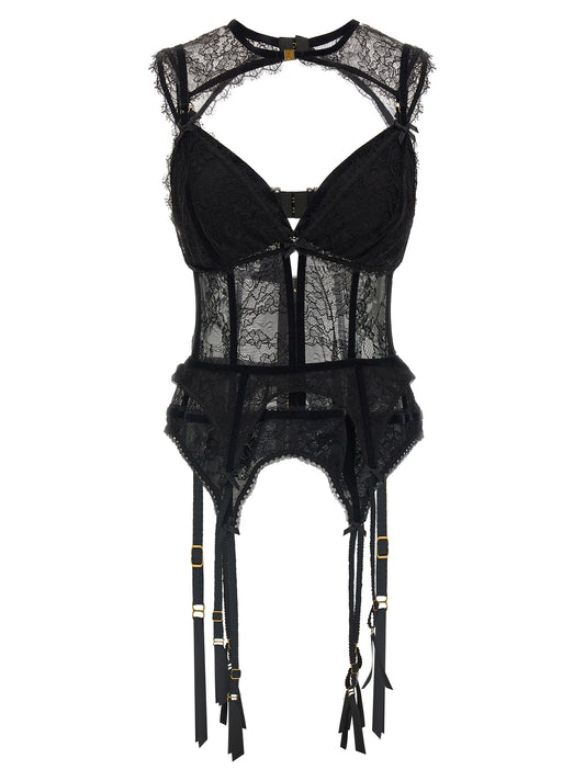Garter Belt by Zimmermann for women in polyamide tulle & lace black, gold, transparent & floral showcases a discreet silhouette, artfully detailed to capture the exquisite essence of the Women's Polyamide Tulle & Lace Garter Belt design.