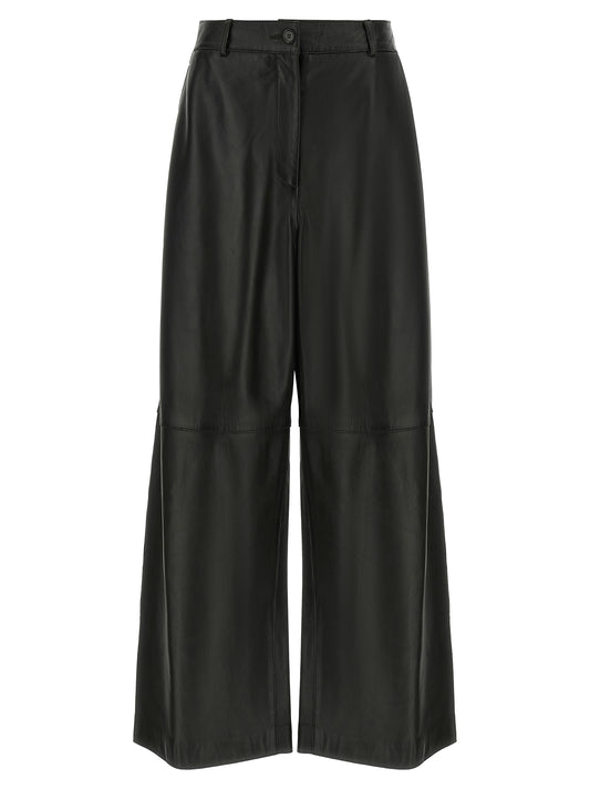 Pants by P.A.R.O.S.H. for women in lamb leather black features an understated silhouette, showcasing a sophisticated wide and long with a refined high rise for an understated, polished aesthetic.