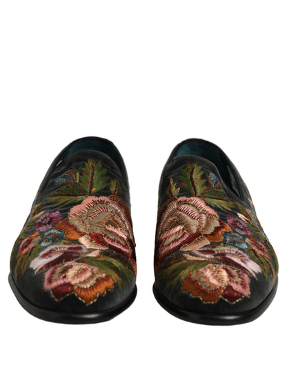 Dolce & Gabbana Black Velvet Floral Embroidery Loafers Shoes