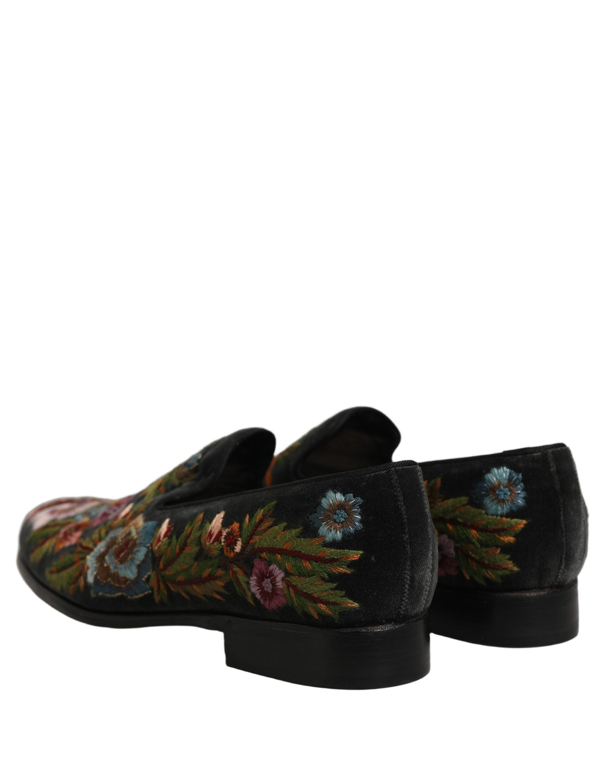 Dolce & Gabbana Black Velvet Floral Embroidery Loafers Shoes