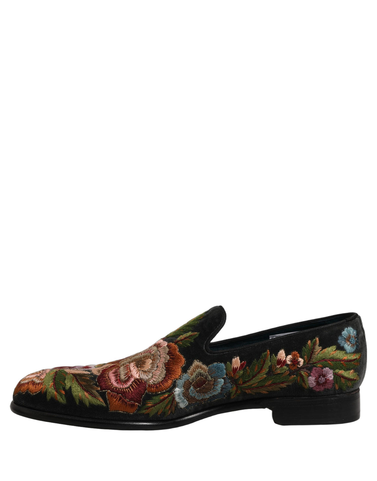 Dolce & Gabbana Black Velvet Floral Embroidery Loafers Shoes