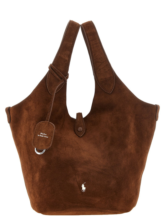 Tote Hobo Bag by Polo Ralph Lauren for women in suede cowhide leather brown features an utilitarian-chic silhouette, showcasing the Play Pony Suede Cowhide Leather Tote Hobo Bag design with a secure snap & button, ample , and versatile handle & detachable-strap.