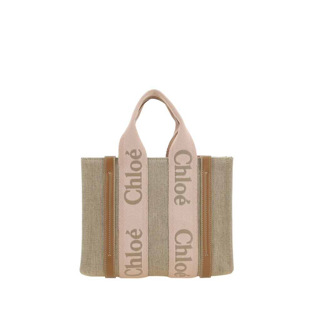 Chloé Woody Leather & Linen Handbag - Beige Signature