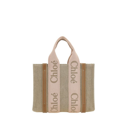 Chloé Woody Leather & Linen Handbag - Beige Signature
