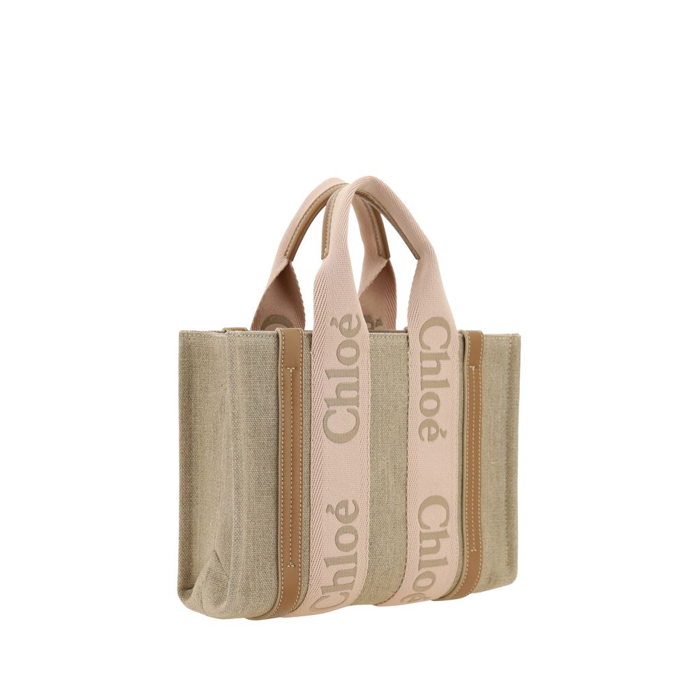 Chloé Woody Leather & Linen Handbag - Beige Signature