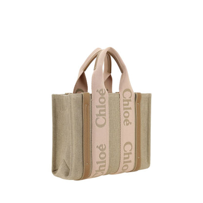Chloé Woody Leather & Linen Handbag - Beige Signature