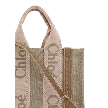 Chloé Woody Leather & Linen Handbag - Beige Signature