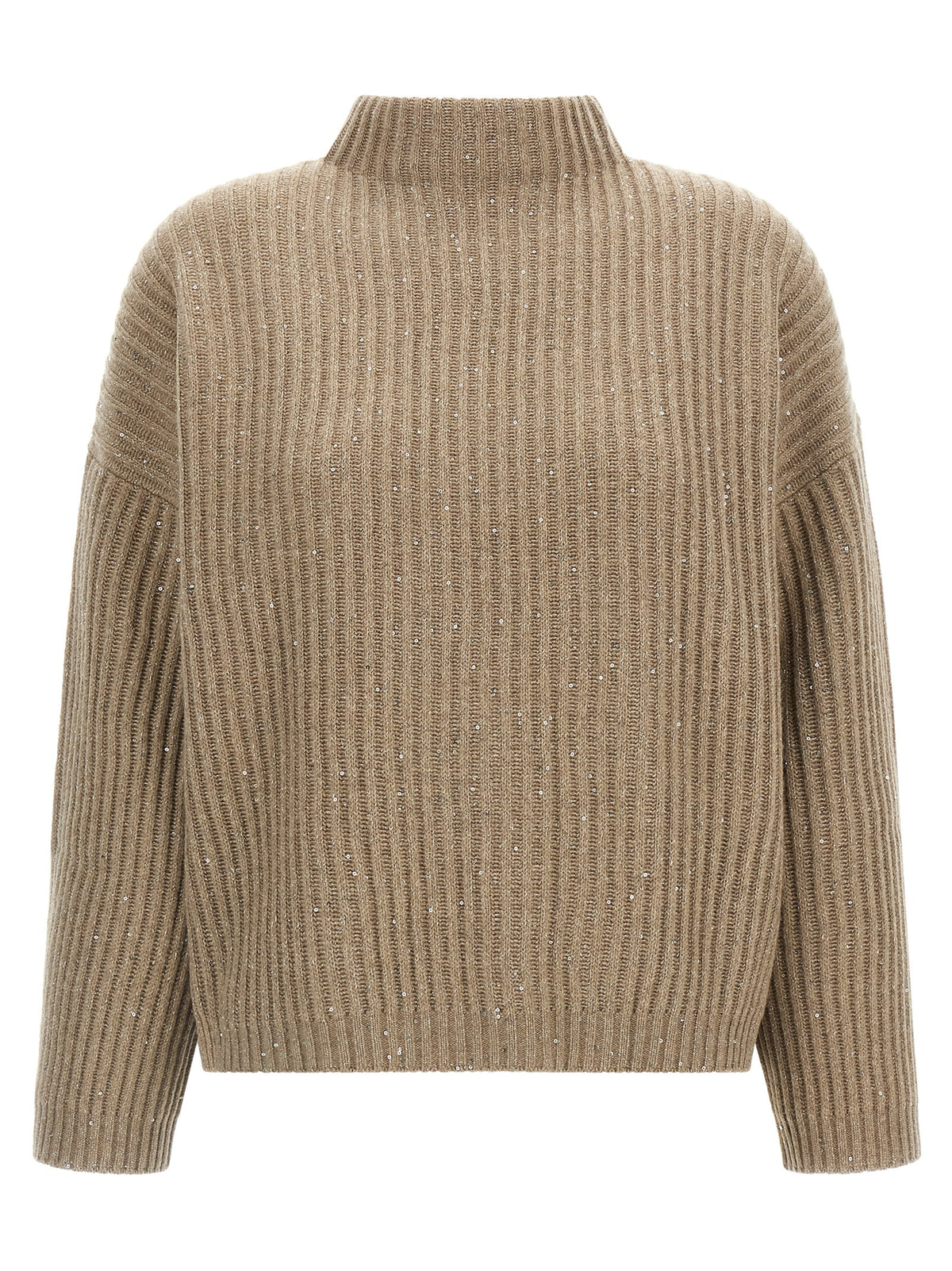 Cardigan by Brunello Cucinelli for women in cashmere polyamide & sequins beige features a nuanced silhouette with a refined turtle neckline and nuanced detailing for a sophisticated look.