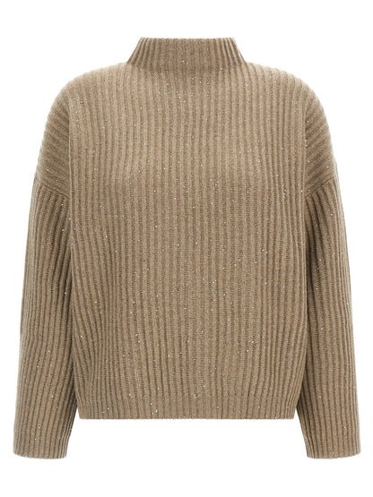Cardigan by Brunello Cucinelli for women in cashmere polyamide & sequins beige features a nuanced silhouette with a refined turtle neckline and nuanced detailing for a sophisticated look.
