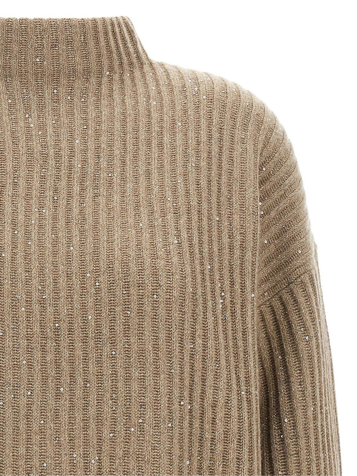 Cardigan by Brunello Cucinelli for women in cashmere polyamide & sequins beige features an crisp silhouette, showcasing a sophisticated turtle neckline and detail for a truly crisp finish.