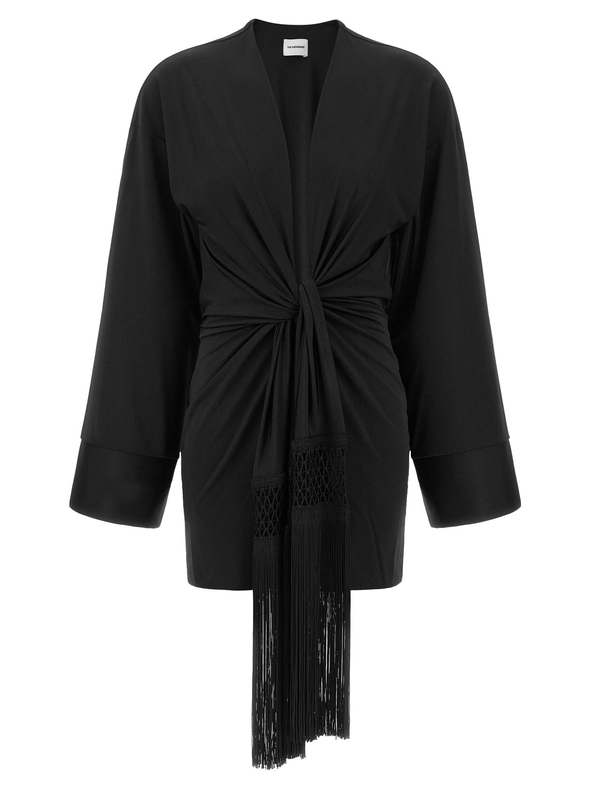 Dress by The Andamane for women in stretch polyester black showcases a striking silhouette, elegantly detailed with a , refined v-neck neckline, and a striking short mini for a striking finish.