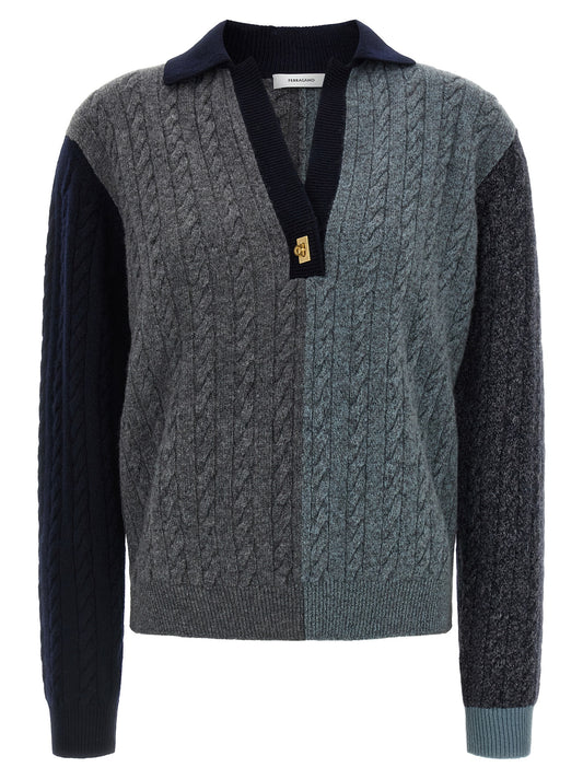 Cardigan by Ferragamo for women in virgin wool & glass gold, gray, multicolor, navy & patterned showcases a captivating silhouette, artfully detailed with a captivating and v-neck neckline for a truly sophisticated captivating look.