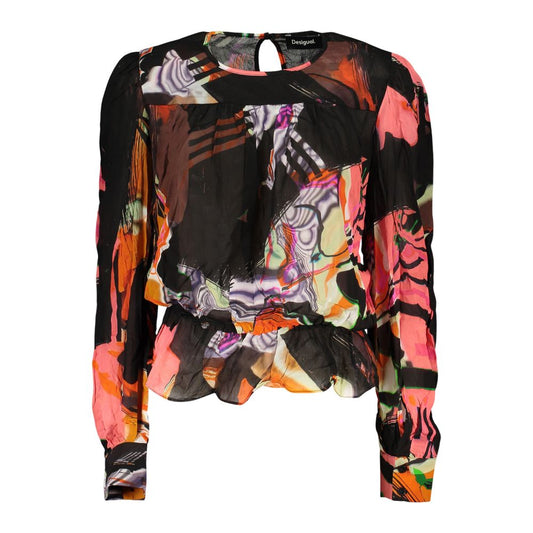 Blouse by Desigual for women in viscose black & patterned features an architectural silhouette with a refined long-sleeve and elegant wrap crew neckline for a architectural look.