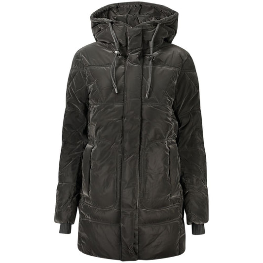 Hooded Overcoat by Desigual for women in polyurethane black showcases a architectural silhouette, artfully detailed with a distinctive hooded neckline and functional pockets & hooded for a architectural finish.