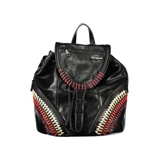Mini Drawstring Backpack by Desigual for women in polyurethane black features a fashionable silhouette, showcasing the Polyurethane Mini Drawstring Backpack design with a secure drawstring & buckle, ample external-pockets & internal-pockets, and versatile backpack-strap, adjustable-strap & handle.