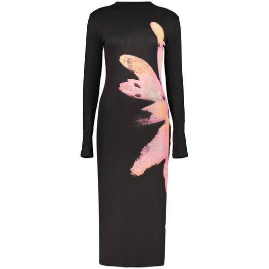 Dress by Desigual for women in stretch polyester black & patterned features an eye catching silhouette with a sophisticated high-neck neckline, elegant long-sleeve, and a refined long for a eye catching aesthetic.