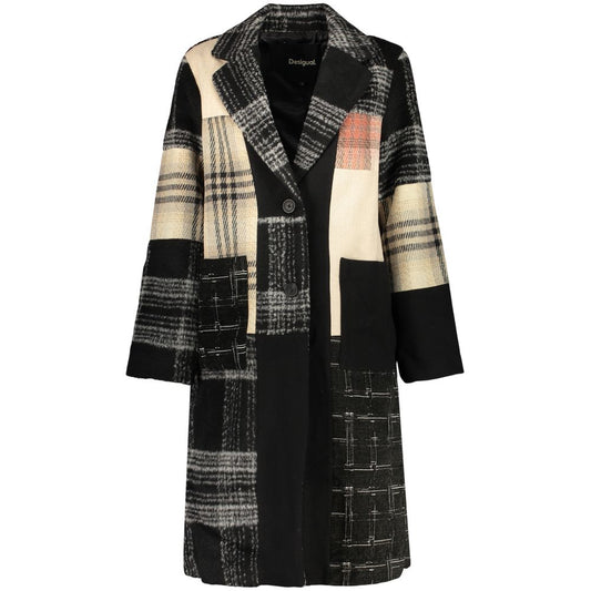 Overcoat by Desigual for women in wool polyester & polyamide black & patterned showcases a architectural silhouette, artfully detailed with a distinctive and functional pockets for a architectural finish.