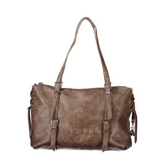 Handbag by Desigual for women in polyurethane brown features a signature silhouette, showcasing a secure zipper and signature external-pockets & internal-pockets with versatile shoulder-strap, adjustable-strap & handle for a sophisticated look.