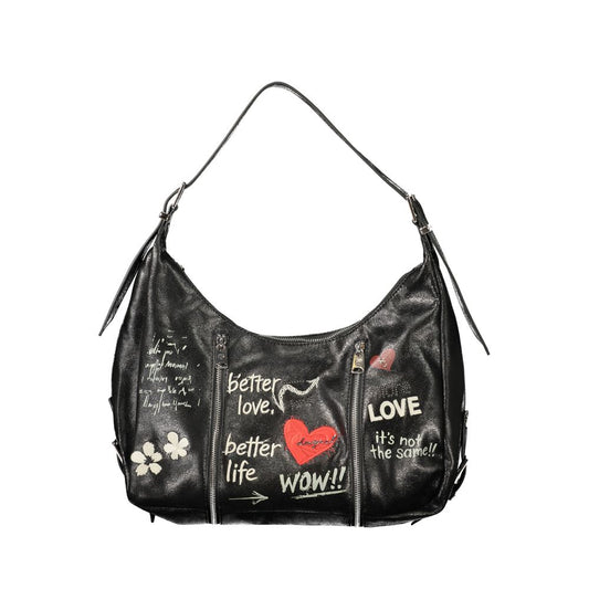 Handbag by Desigual for women in polyurethane black, signature & print features a contemporary silhouette, showcasing a secure zipper, ample internal-pockets, and contemporary shoulder-strap & adjustable-strap for a sophisticated look.
