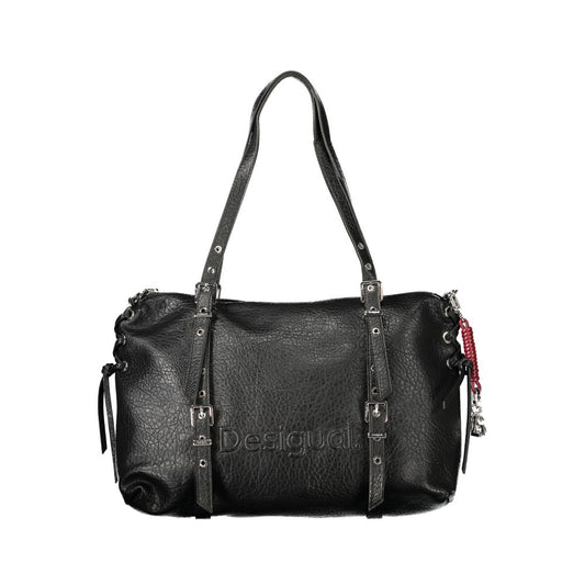 Handbag by Desigual for women in polyurethane black & print features a signature silhouette, showcasing a secure zipper and signature internal-pockets with versatile adjustable-strap & handle for a sophisticated look.