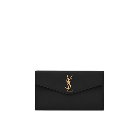 Flap Clutch Handbag by Saint Laurent for women in leather black features a statuesque silhouette, showcasing a secure flap & magnetic and organized with versatile for statuesque evening wear.