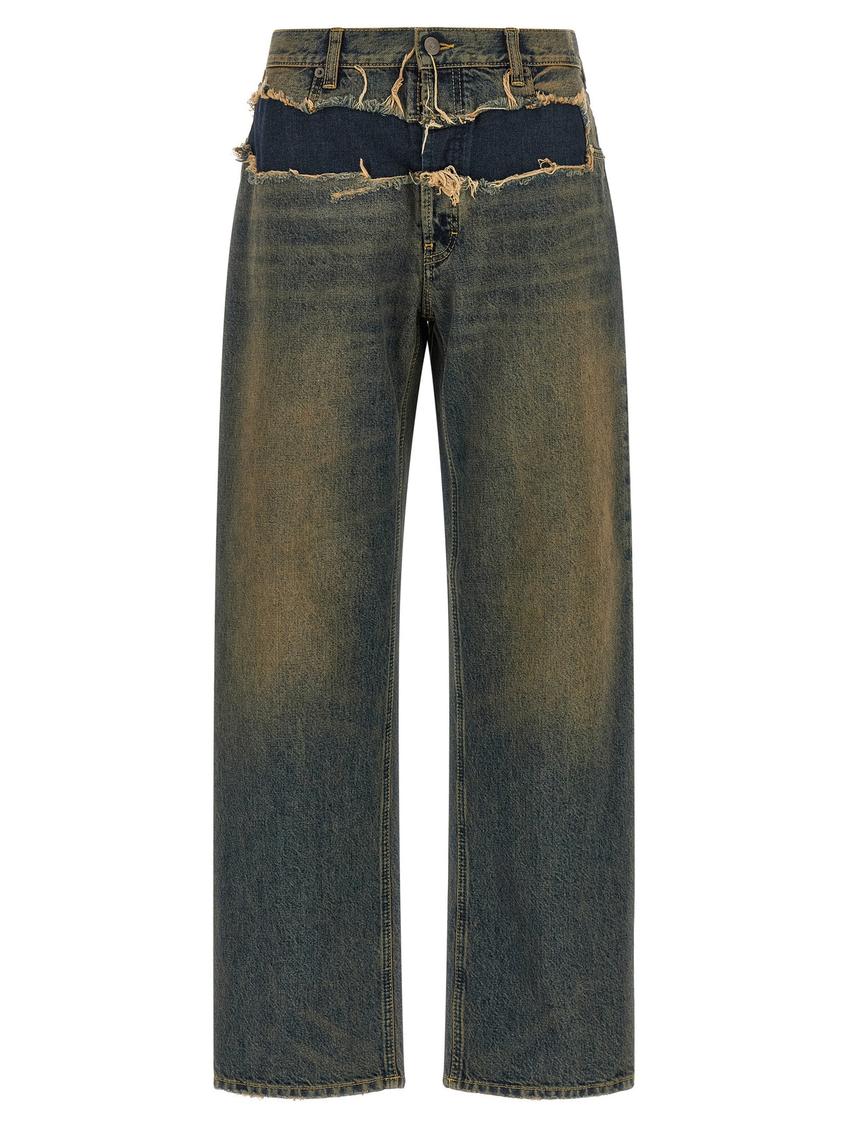 Jeans by Maison Margiela for women in denim cotton blue, white & signature features a polished silhouette with a polished straight-leg, reaching a polished long and finished with a polished .