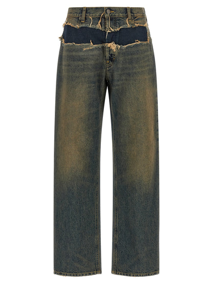 Jeans by Maison Margiela for women in denim cotton blue, white & signature features a polished silhouette with a polished straight-leg, reaching a polished long and finished with a polished .
