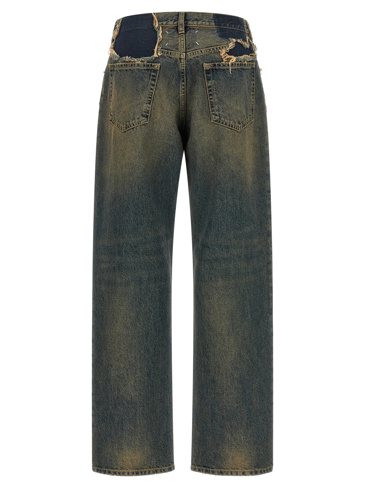 Jeans by Maison Margiela for women in denim cotton blue, white & signature presents a refined pantology silhouette, artfully defined by a refined pantology straight-leg, long, and a sophisticated .
