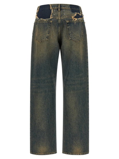Jeans by Maison Margiela for women in denim cotton blue, white & signature presents a refined pantology silhouette, artfully defined by a refined pantology straight-leg, long, and a sophisticated .