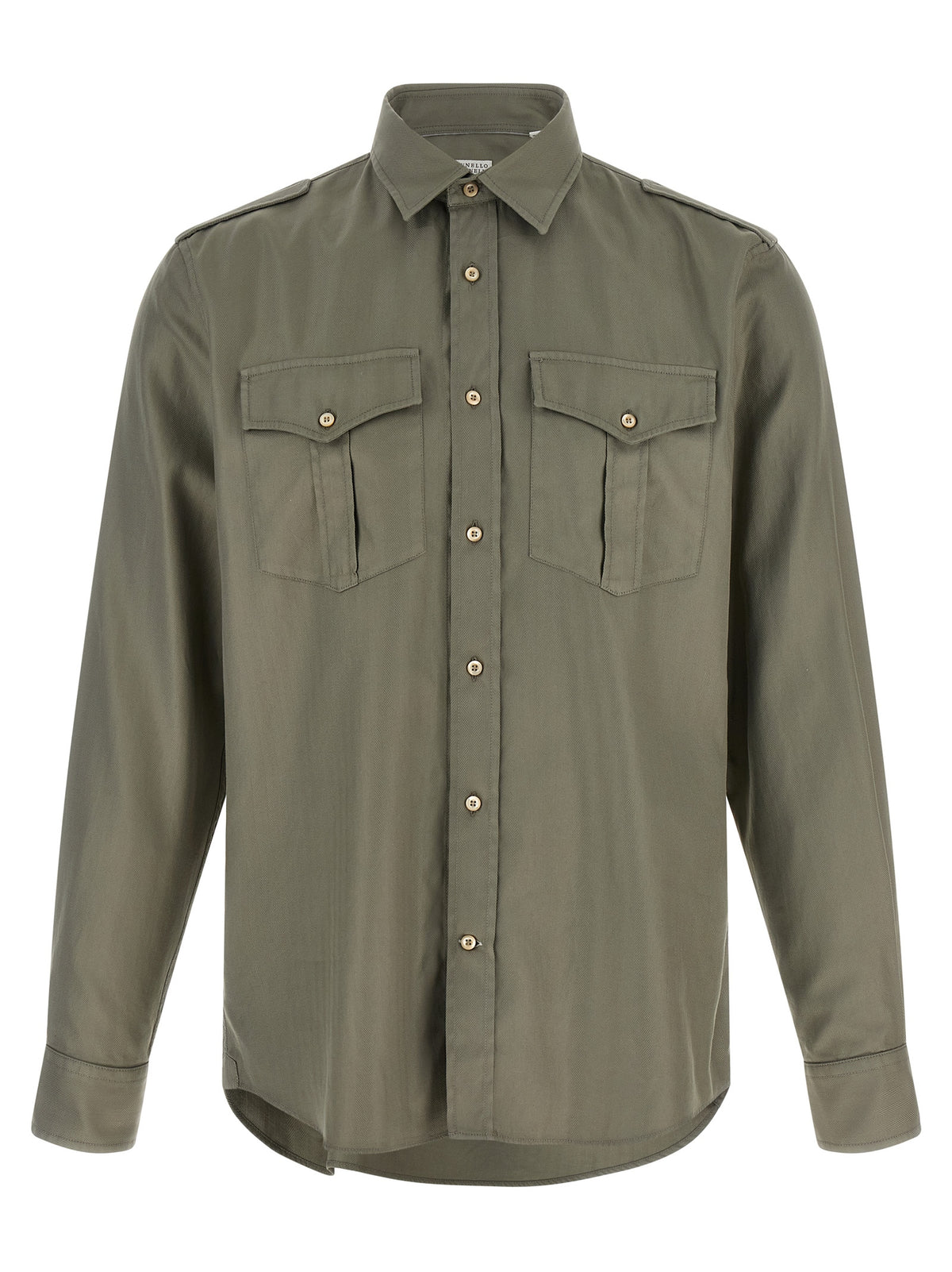 Shirt by Brunello Cucinelli for men in cotton bicolour, green, olive, pearl & chevron showcases a sublime silhouette, artfully detailed with a sublime and for a sophisticated, sublime finish.
