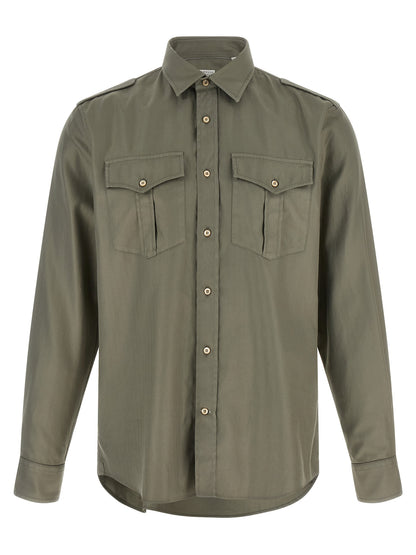 Shirt by Brunello Cucinelli for men in cotton bicolour, green, olive, pearl & chevron showcases a sublime silhouette, artfully detailed with a sublime and for a sophisticated, sublime finish.