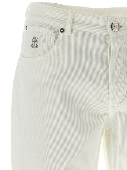 Trousers by Brunello Cucinelli for men in cotton corduroy white & signature features a sculptural silhouette, showcasing a sculptural and long with a sophisticated for a sculptural finish.
