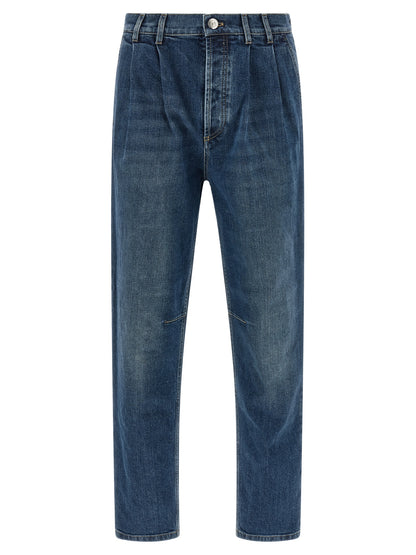 Jeans by Brunello Cucinelli for men in stretch denim cotton blue & signature features an sartorial and long with a cut for a sartorial finish.