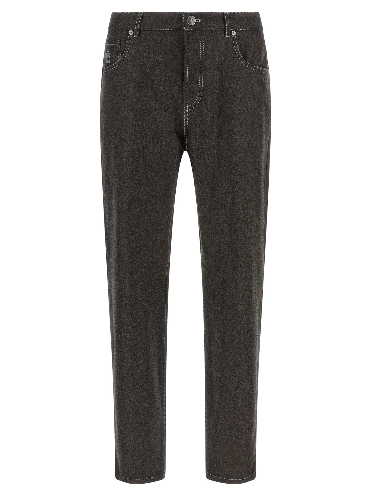 Trousers by Brunello Cucinelli for men in virgin wool flannel dark-gray, gray & patterned features a artisanal silhouette, showcasing a sophisticated with a long and for a artisanal finish.