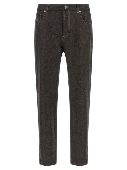 Trousers by Brunello Cucinelli for men in virgin wool flannel dark-gray, gray & patterned features a artisanal silhouette, showcasing a sophisticated with a long and for a artisanal finish.