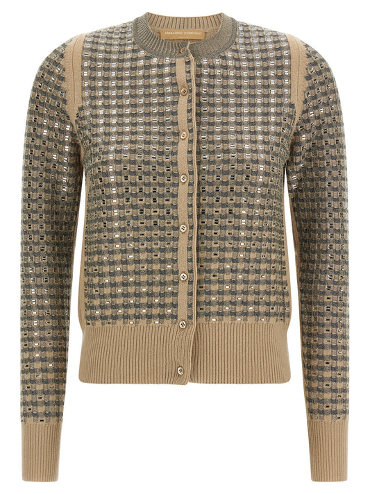 Cardigan by Ermanno Scervino for women in cashmere virgin wool & sequins beige, black, silver & patterned features an crisp silhouette, showcasing a sophisticated round neckline and detail for a truly crisp finish.