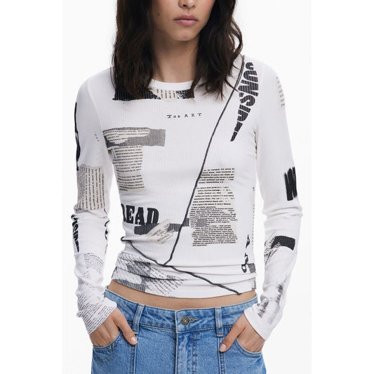 T-Shirt by Desigual for women in stretch viscose white & patterned showcases a fashionable silhouette, elegantly detailed with a fashionable and crew neckline for a sophisticated, high-fashion look.