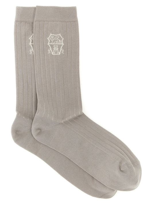 Socks by Brunello Cucinelli for men in calf leather & cotton gray features a contemporary knit construction, showcasing the sophisticated design of this Men's Calf Leather & Cotton Socks with its contemporary finish.